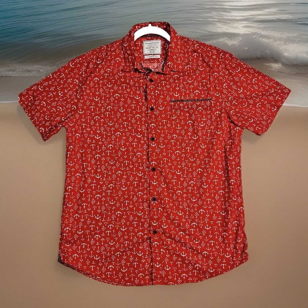 Travelers Collection S/S Button Down Shirt Men Large Red/White Anchors Slim Fit